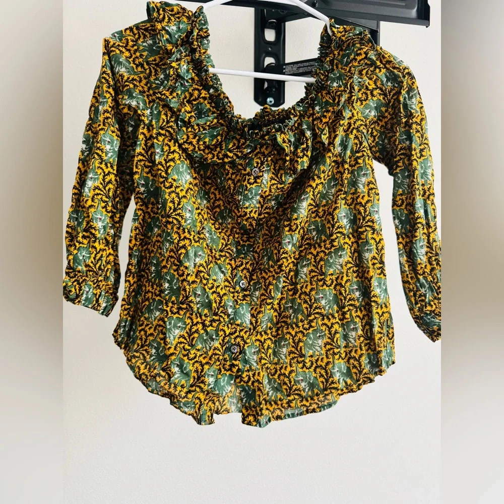 J.CREW Off The Shoulder Boho Blouse Mustard Green Ruffle Long Sleeve Shirt 6❤️